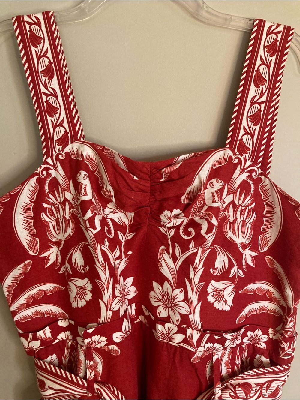 NEW FARM Rio Red Guanacaste Belted Euroflax™ Romper Tropical Floral Linen Size L - Picture 7 of 15
